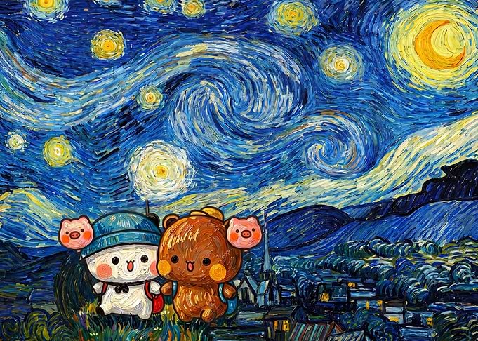Cute Characters in Starry Night