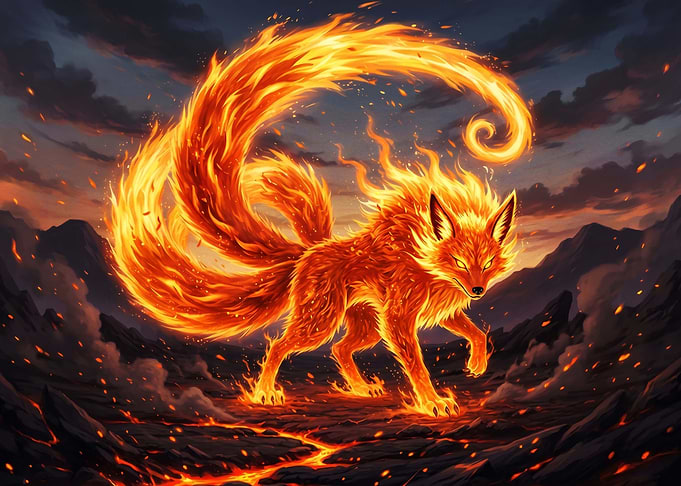 Fiery Nine-Tailed Fox in Volcanic Landscape