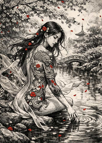 Tattooed Woman by Japanese Garden Pond