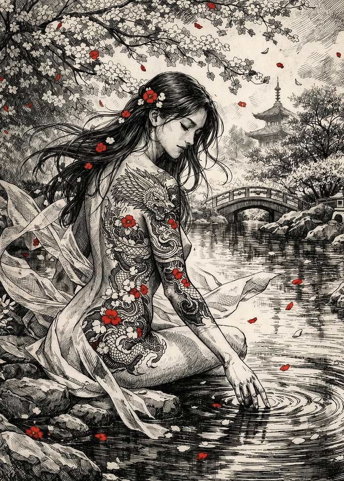 Tattooed Woman by Japanese Garden Pond