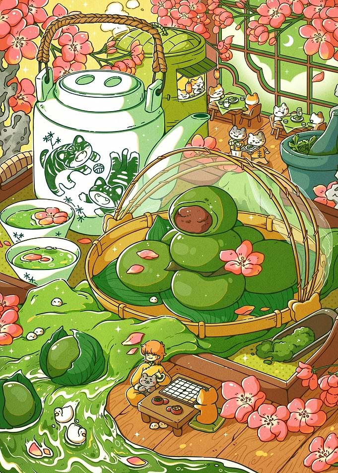 Cute Cats Enjoying Matcha Tea and Sweets