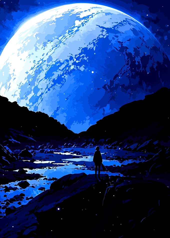 Lone figure under a giant moon
