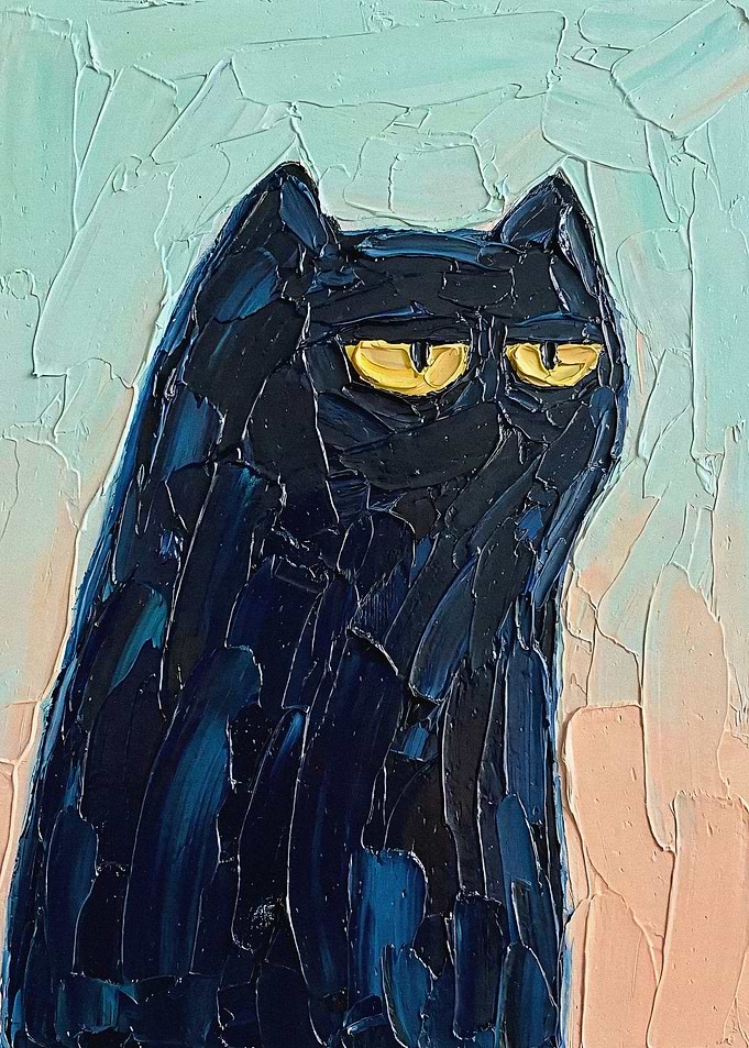 Painting of a Black Cat with Yellow Eyes