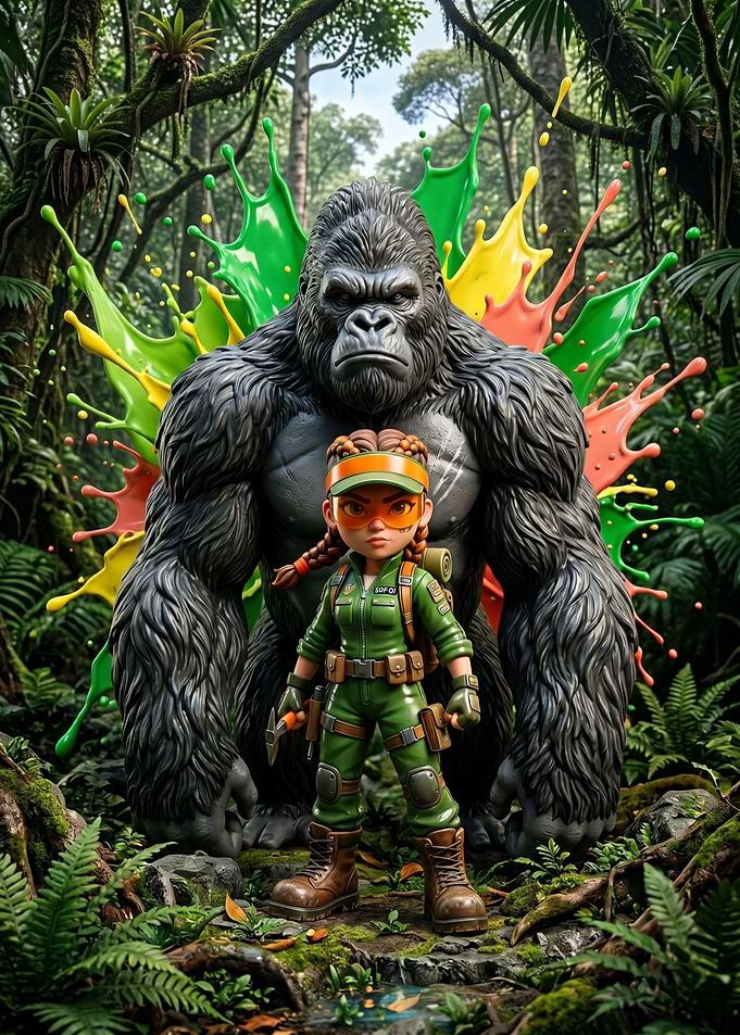 Gorilla and Adventurer in Jungle
