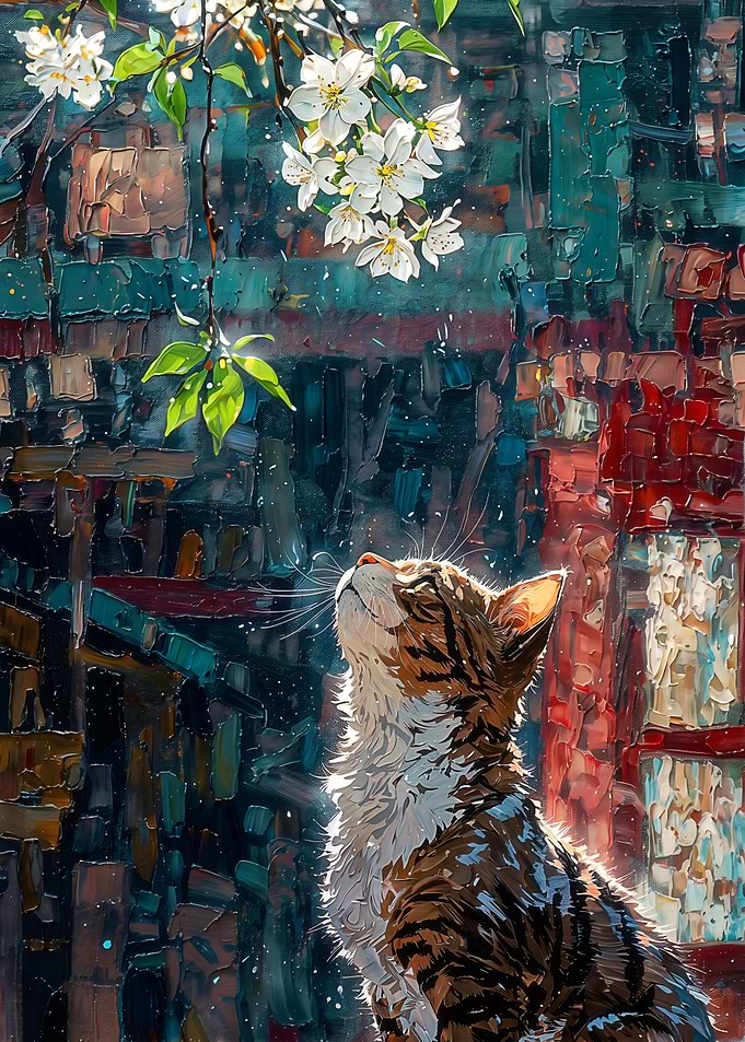 Cat Gazing at Cherry Blossoms