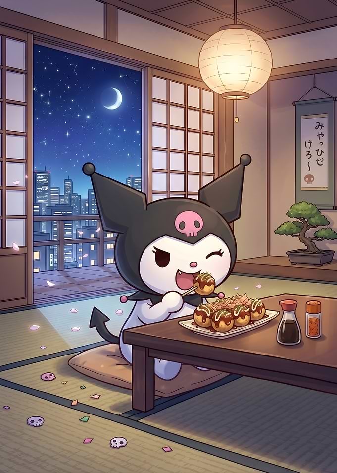 Kuromi Eating Takoyaki in a Japanese Room
