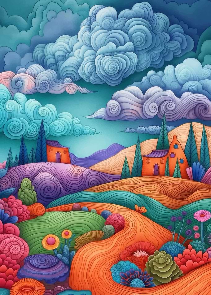 Whimsical Landscape with Rolling Hills and Clouds