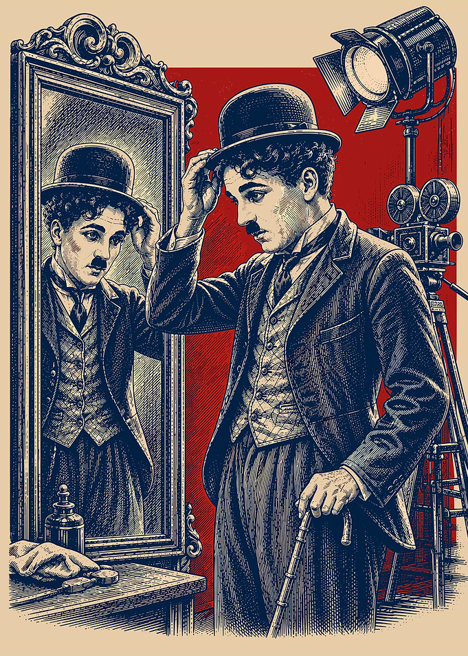 Charlie Chaplin Adjusts His Hat in Mirror