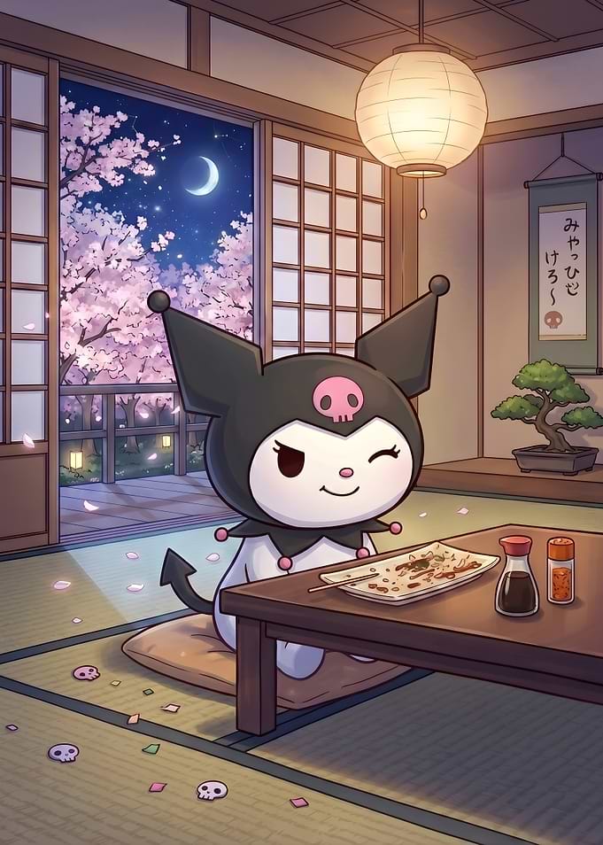 Kuromi Enjoying a Meal in a Japanese Room