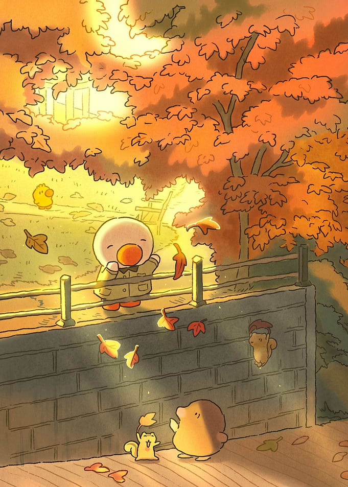 Cute characters in autumn park