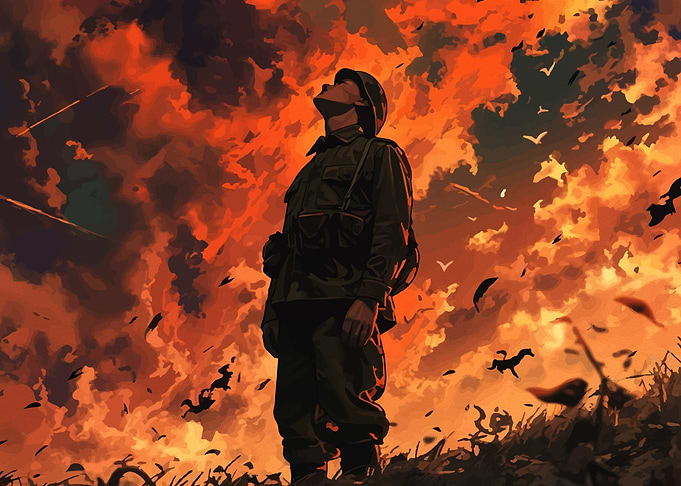 Soldier in a fiery battlefield