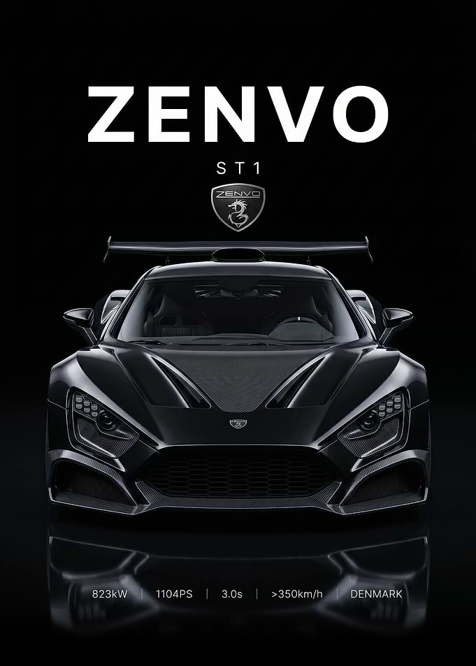 sleek black Zenvo ST1 Supercar car poster