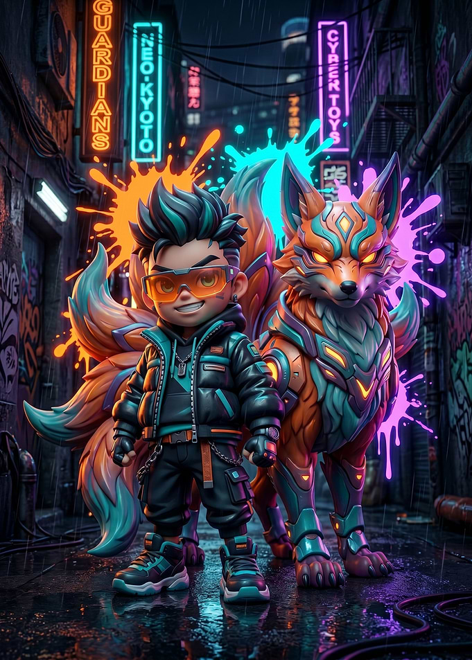 Cyberpunk Boy and Fox Companion