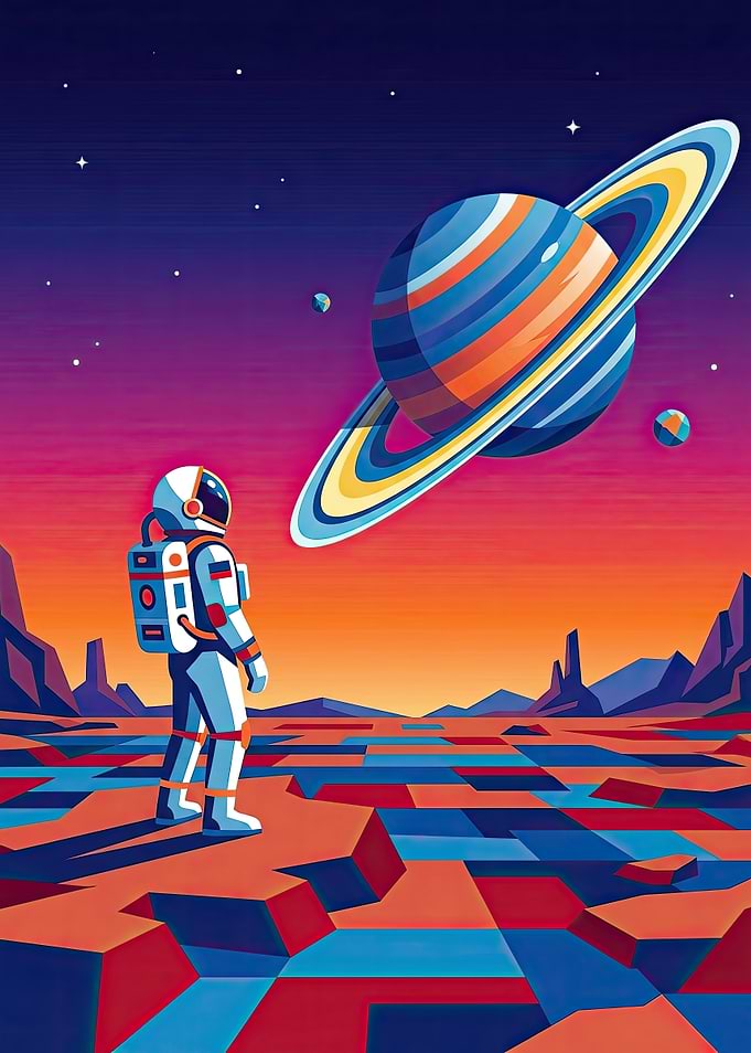 Astronaut on alien planet with Saturn