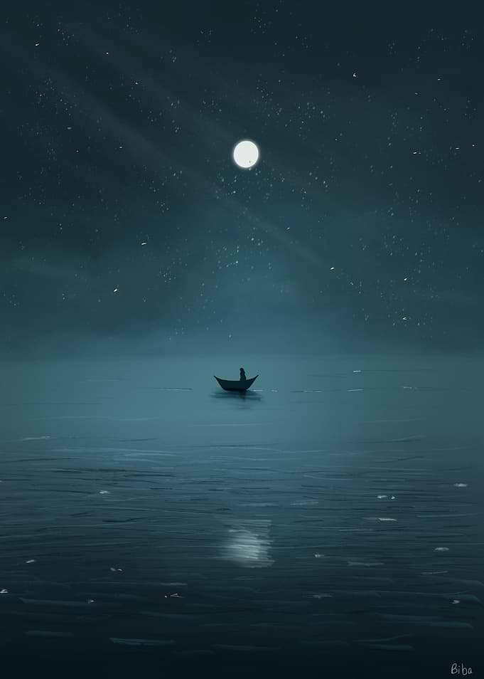 Lost at Sea | Solitary Boat Under a Starry Night Sky