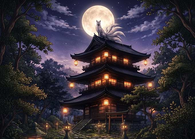 Kitsune on Pagoda Under Full Moon