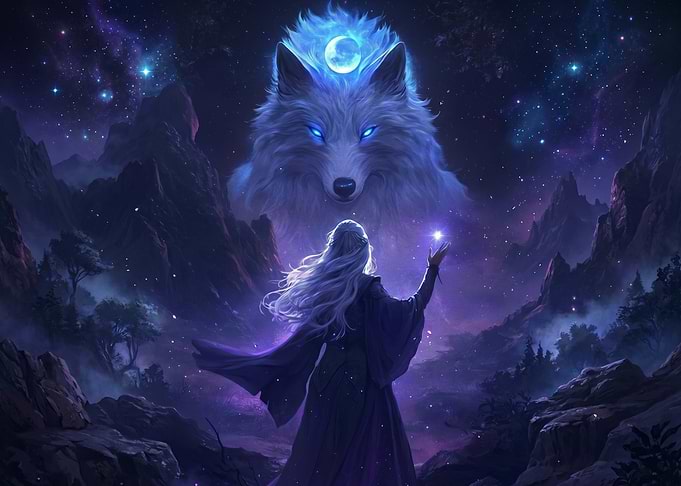 Mystical Wolf and Sorceress Under the Stars