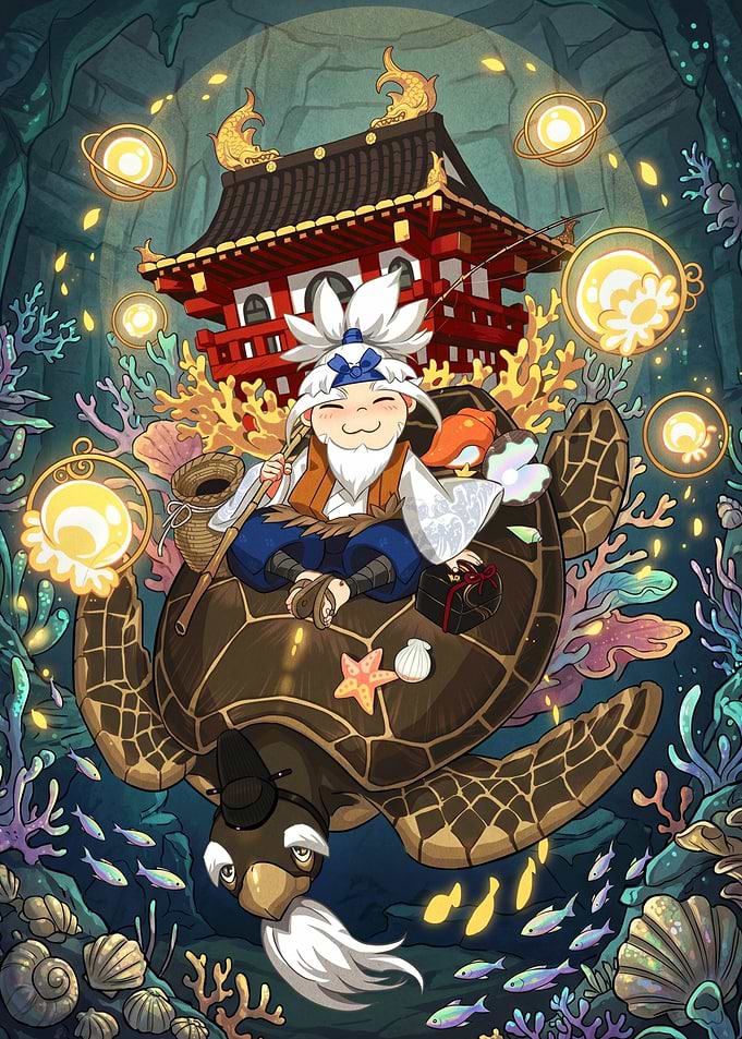 Elderly Fisherman Riding a Turtle