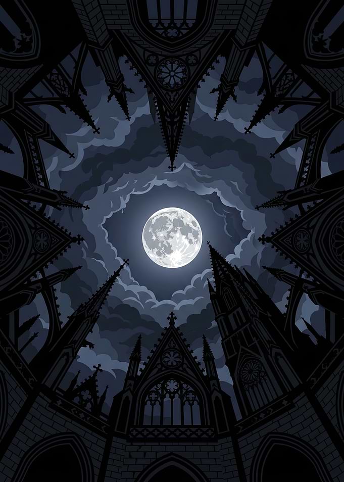 Gothic architecture under a full moon