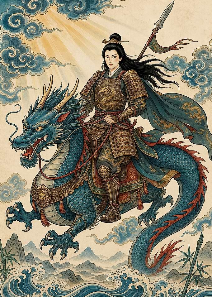 Warrior Riding a Blue Dragon