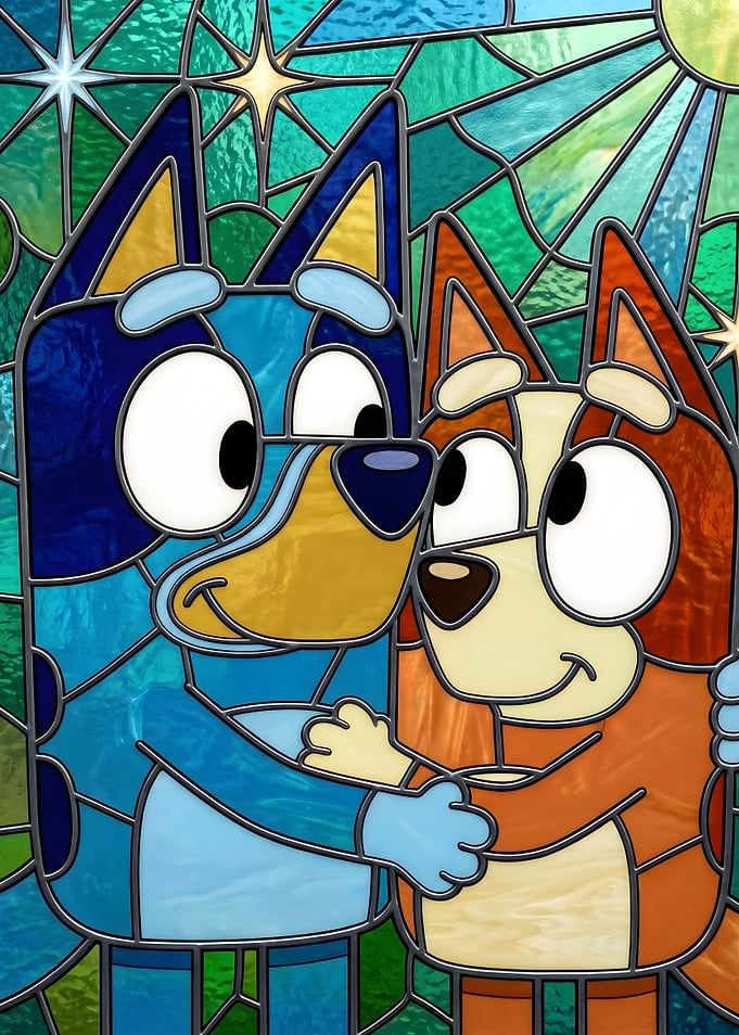 Bluey and Bingo Hugging in Stained Glass