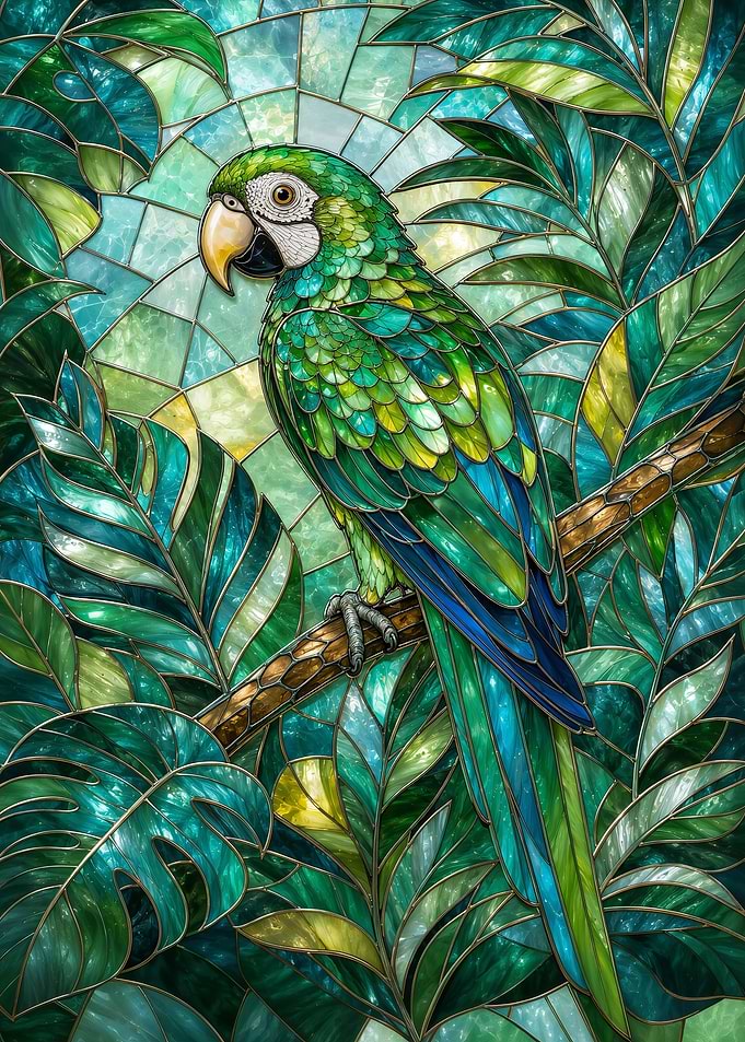 Stained Glass Parrot in Tropical Leaves