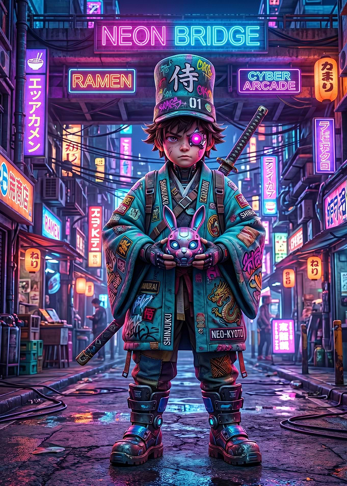 Cyberpunk Samurai Boy with Neon City