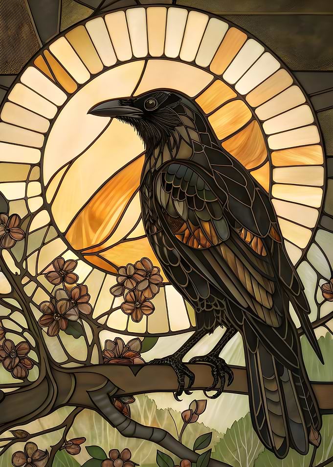 Stained Glass Raven and Blossoms