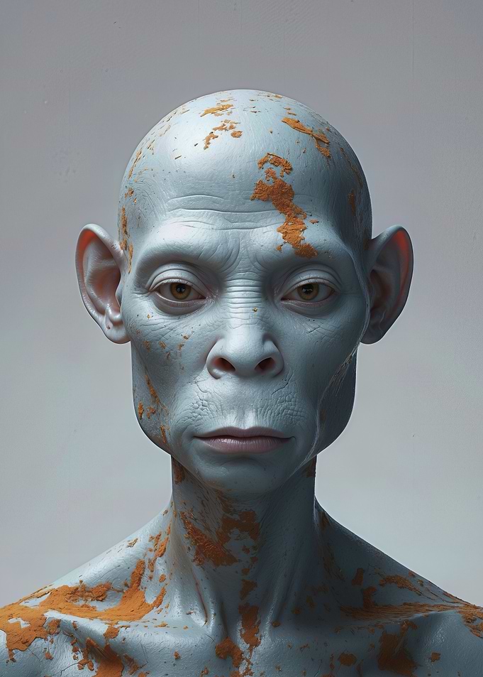 Hyperreal Blue Alien Portrait — 3D Surreal Head Study with Rust Accents