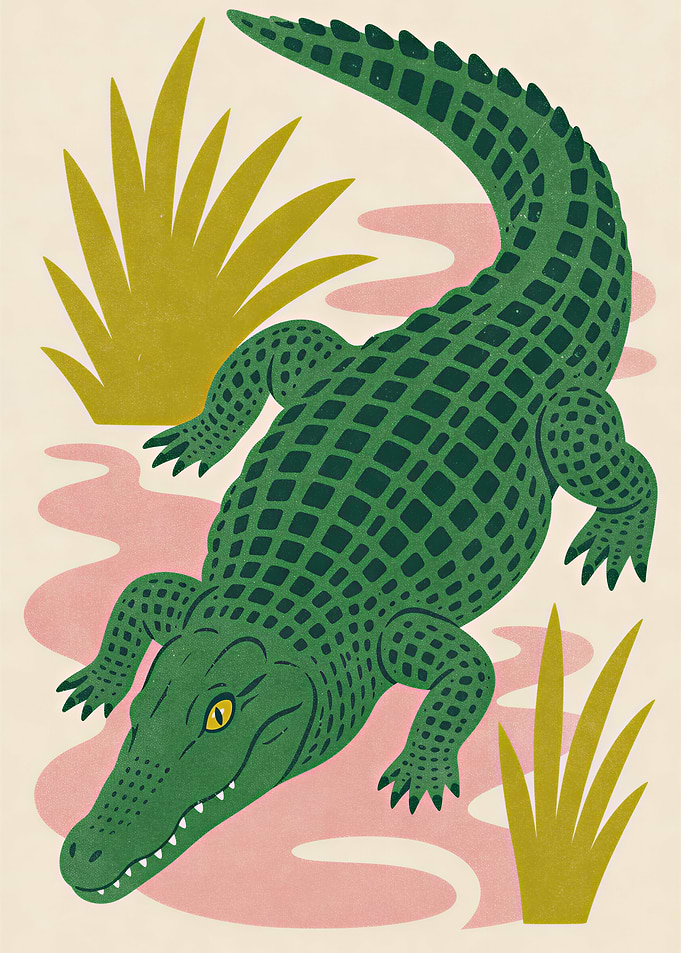 Green Crocodile in Water with Reeds