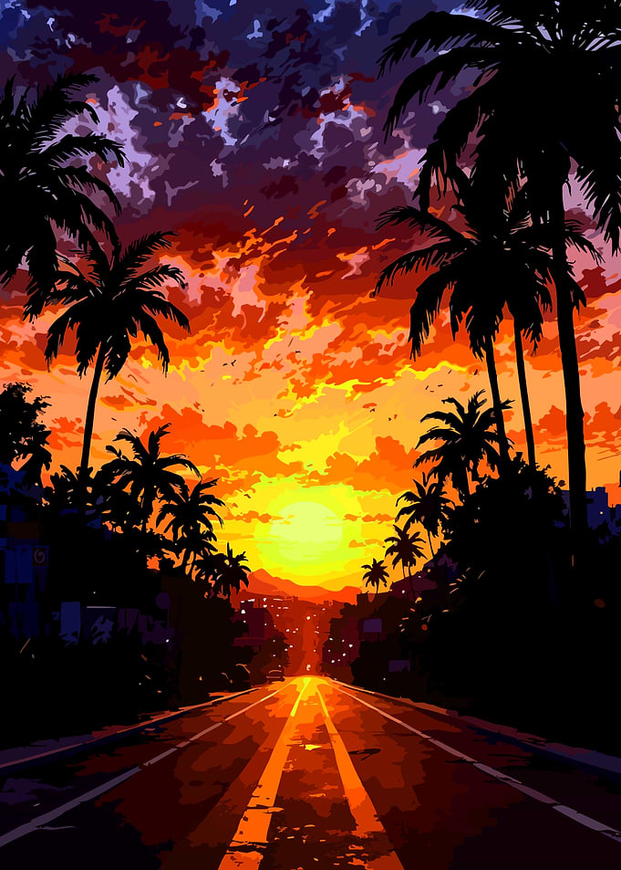 Sunset Road with Palm Trees