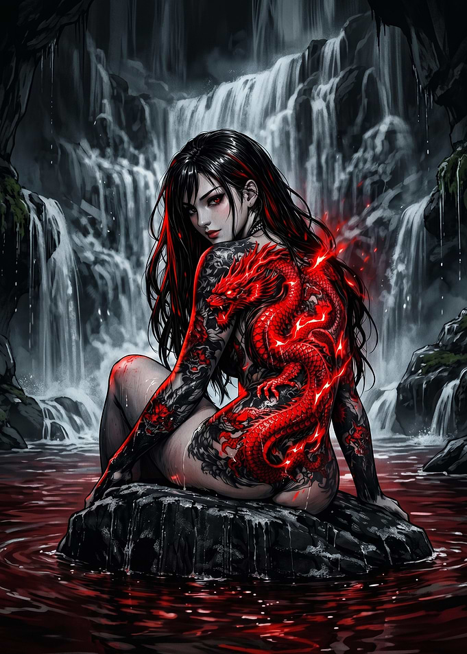 Dragon Tattoo Woman by Waterfall