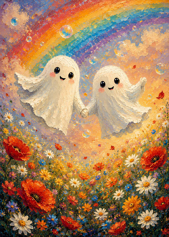 Cute Ghosts in a Flower Field