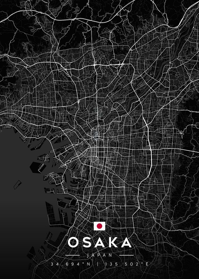 Osaka Japan Map Art Dark Theme