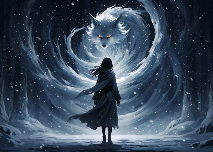 Girl facing a spectral wolf in a snowy forest