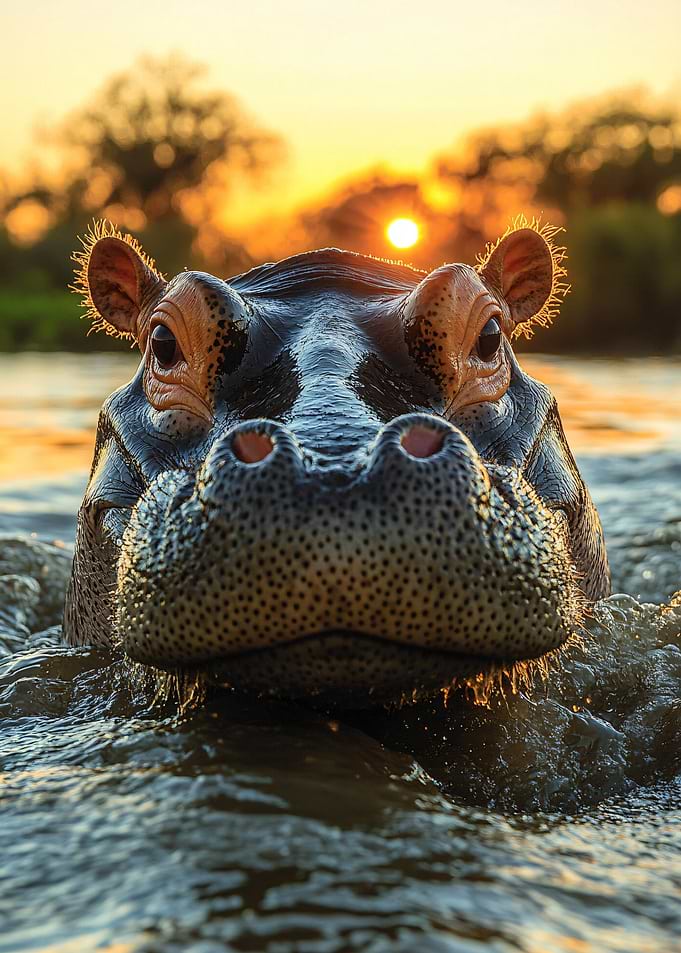 Hippopotamus in Water at Sunset