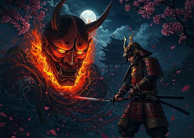 Samurai Battles Fiery Oni Mask