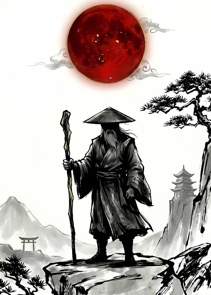 Mysterious Monk Under a Blood Moon