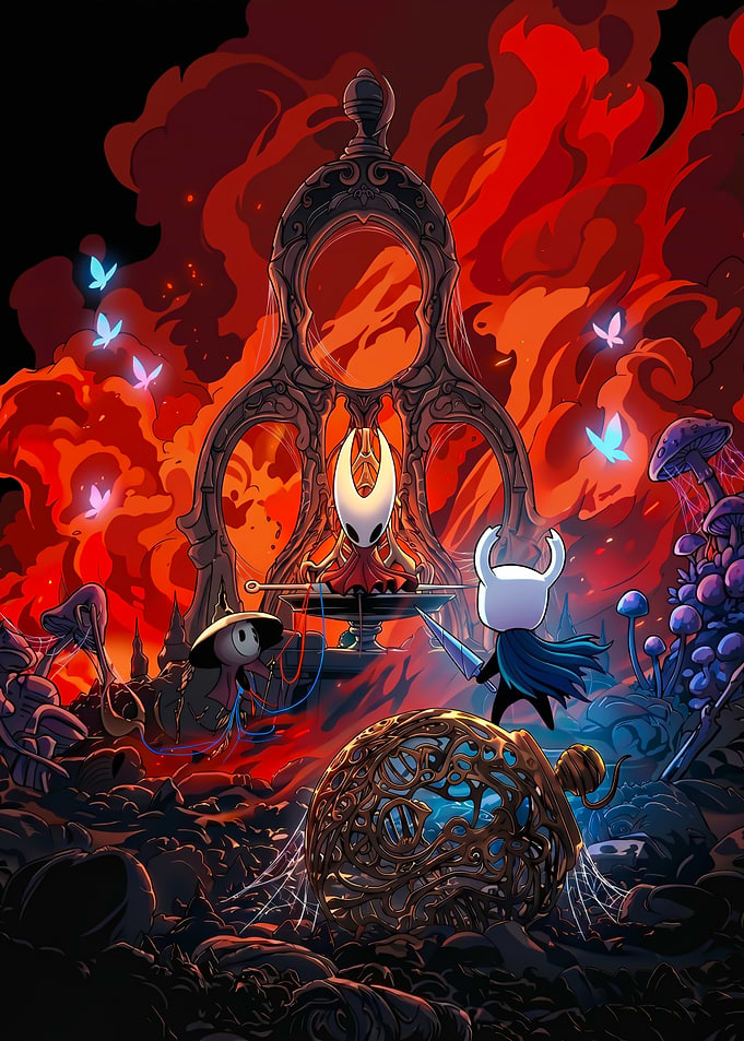 Hollow Knight Silksong Characters in Fiery Landscape