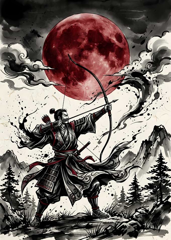 Samurai Archer Under a Blood Moon
