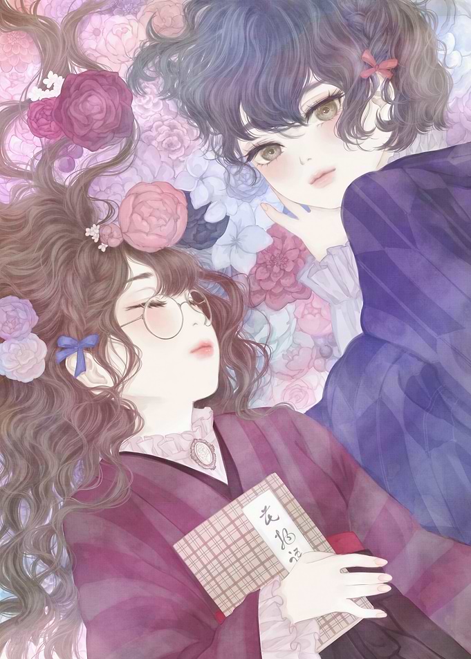 Two girls lying among flowers