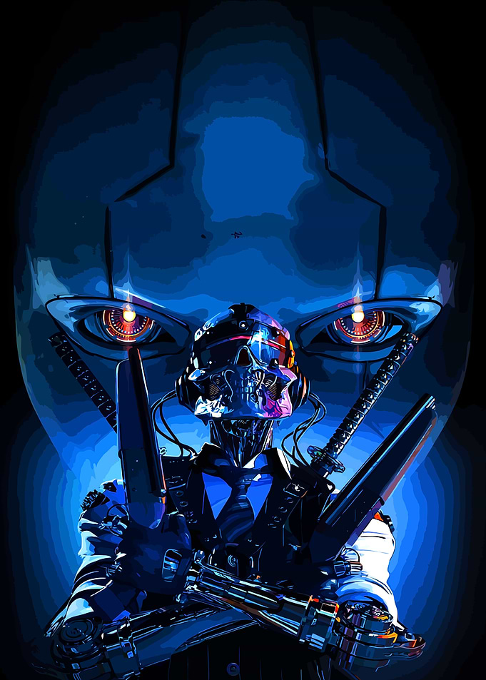 Cyberpunk Robot Warrior with Swords
