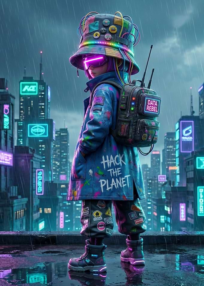 Cyberpunk Hacker Kid in Neon City