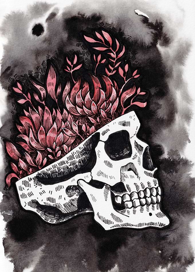 Skull with Blooming Flowers
