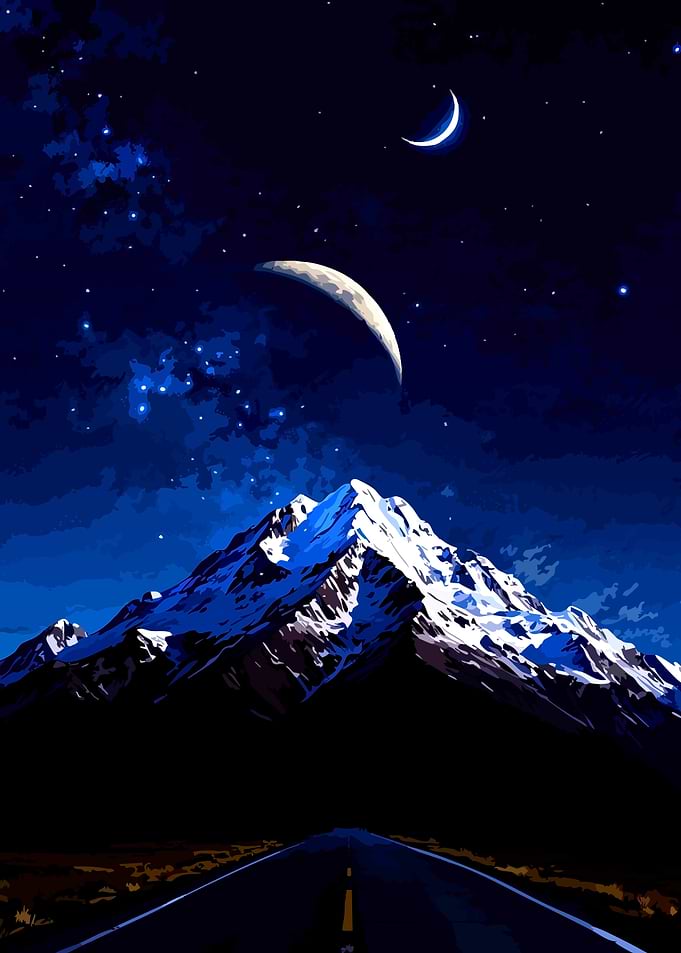 Night Mountain Road with Crescent Moons