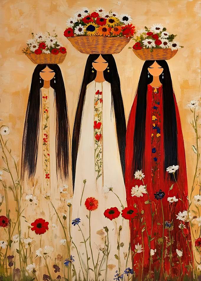 Three women carrying flower baskets