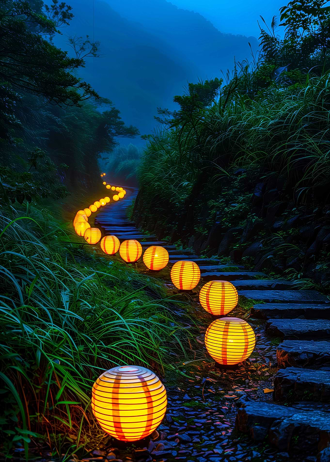 Lanterns illuminate a misty mountain path