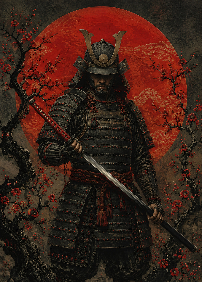Samurai Warrior Under a Red Moon