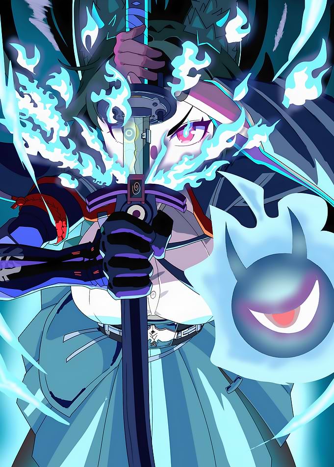 Anime character with glowing sword and shield