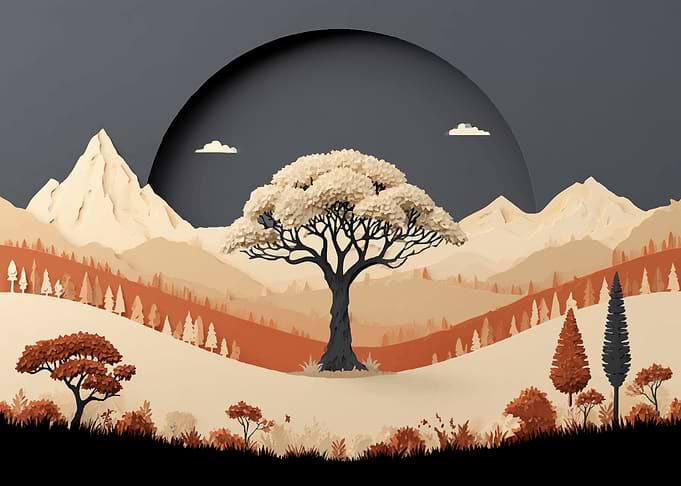 Papercut Landscape with Tree and Mountains